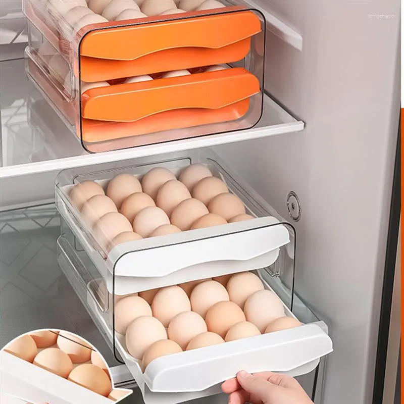 Garrafas de armazenamento 32 grades caixa de ovo geladeira transparente dupla gaveta-tipo recipiente casa cozinha titular cinza