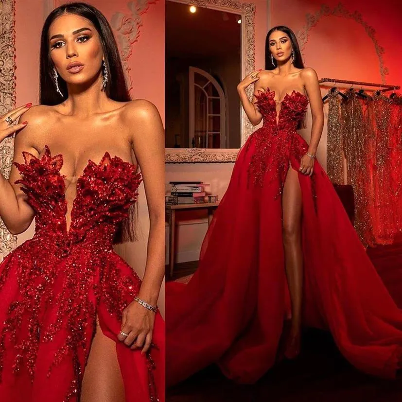 Arabe Aso Ebi Dentelle Luxueux High Split Robes De Bal 2022 Cristaux De Perles Sexy Soirée Formelle Deuxième Réception Robes Robe 2696