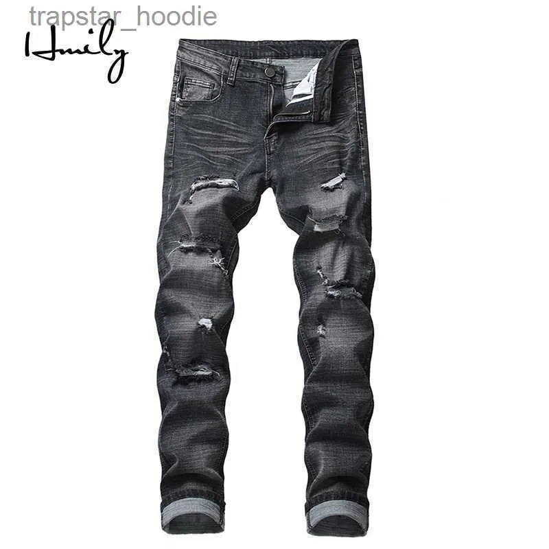 Men's Jeans HMILY Mens Skinny Jeans Men Slim Fit Hole Biker Ripped Denim Hip Hop Motorcycle Rock Rap Jeans Big Size 42 Pants X0621 L230918