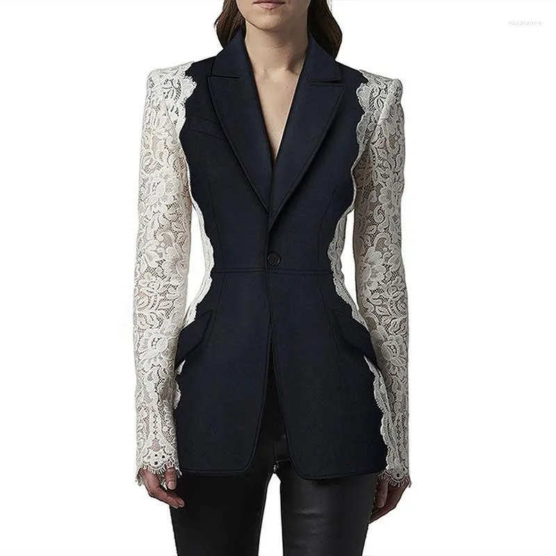 Women's Suits Lady Office Vintage Stylish Lace Patchwork Wear Long Sleeve Single Button Women Slim Fitted Blazer