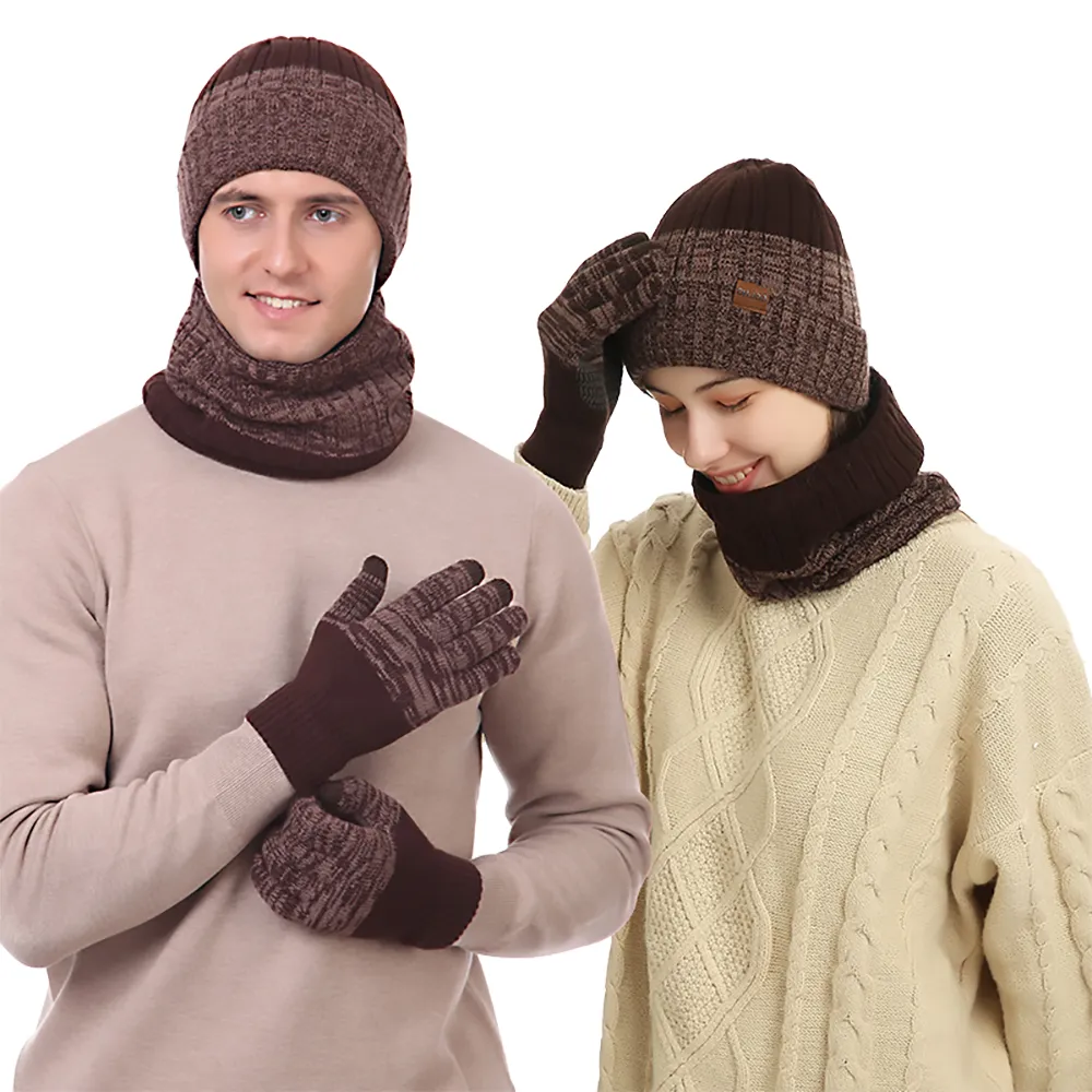 Uomo Autunno Inverno Tenere al caldo Set Guanti unisex Beanie Sciarpa Maschile Filato di lana Lavorato a maglia Silenziatore Tinta unita Collo Ghetta Cappello morbido