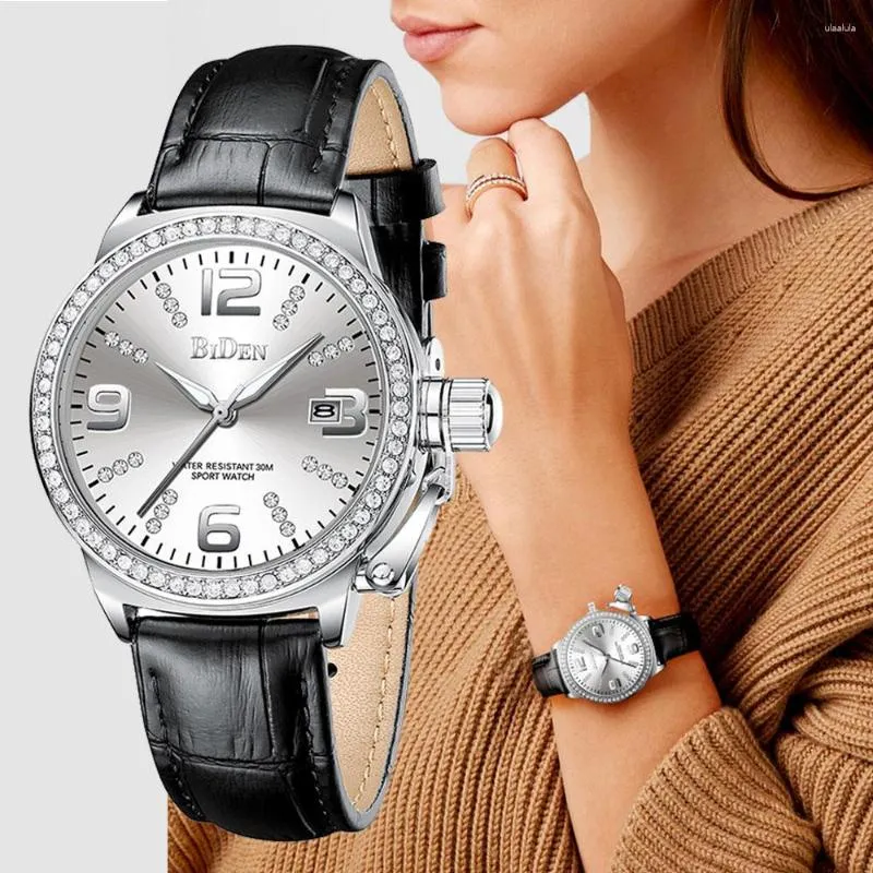 Armbanduhren Biden Top Damen Quarzuhr Diamant Armband Lederband Damen Kleid Armbanduhr Geschenk Kalender Uhren