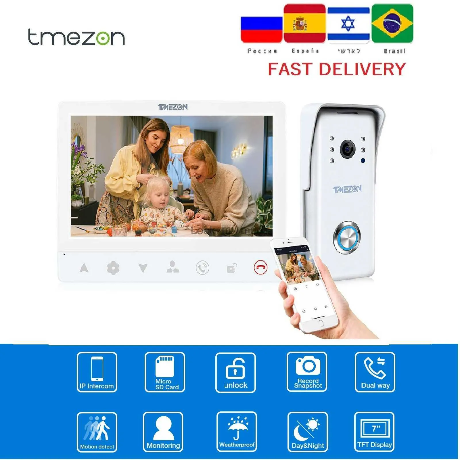 Campainhas TMEZON Sistema de intercomunicação de vídeo com fio TFT de 7 polegadas 1080P com 1x suporte para câmera 1080P Gravação / suporte para campainha de instantâneo 1 MONITOR HKD230918