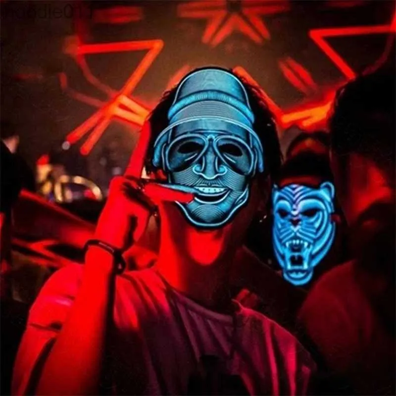 Kostymtillbehör Unika ljud Halloween Mask Led El Night Light Cosplay Mask för Festival Party Costume T200907 L230918