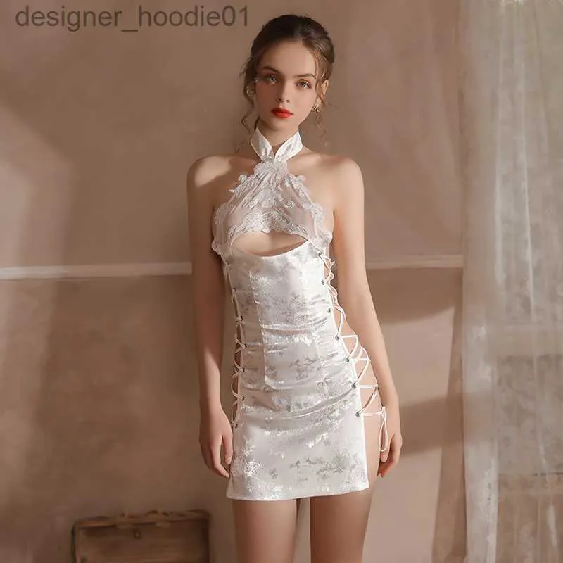 Sexy Set Branco Sexy Lingerie Halter Hollow Bordado Grande Peito Lace Perspectiva Side Band Cheongsam Nightdress Nightgown Set One Size Q0818 L230918