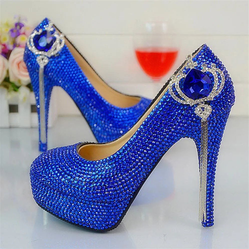 Moda artesanal azul real strass sapatos de casamento dedo do pé redondo deslizamento-on salto alto stilettos baile de formatura bombas plus size 44 45154f