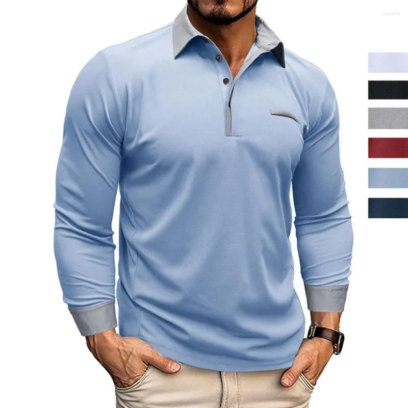 Camisas masculinas outono polo manga longa bolso t-shirt casual negócios botão-up moda camisa roupas europeias