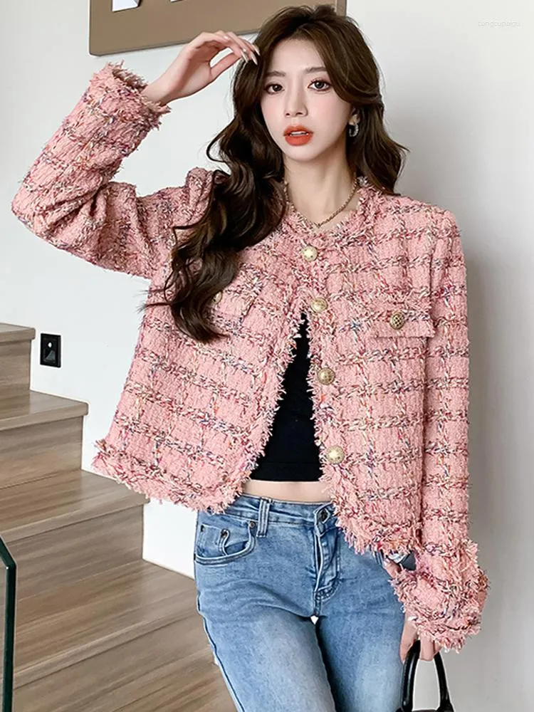 Jaquetas femininas de alta qualidade chique tweed rosa xadrez terno elegante moda o pescoço manga longa mulheres único breasted algodão acolchoado casaco