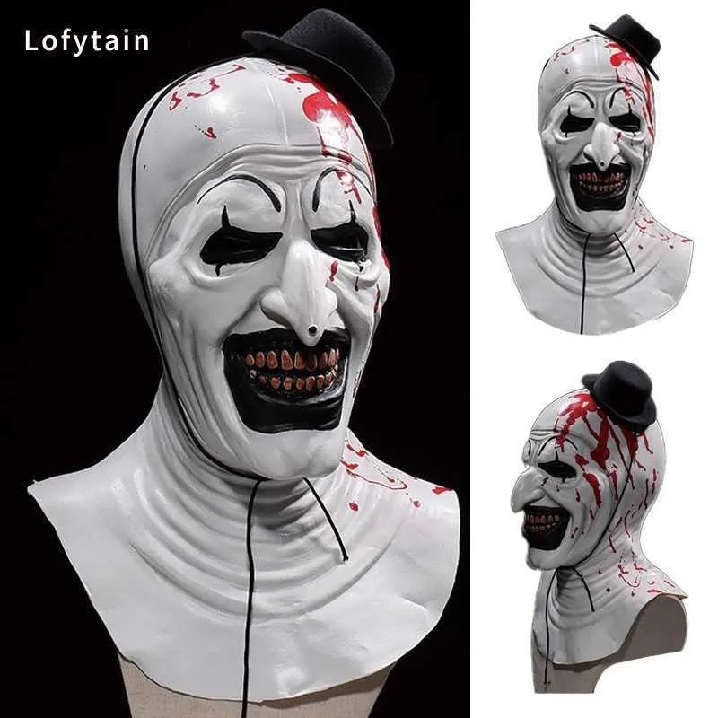 Costume Accessories Party Masks Lofytain Horror Terrifier Art The Clown Mask Cosplay Creepy Bloody Demon Evil Joker Hat Latex Helmet Halloween Party Props 230824 L2