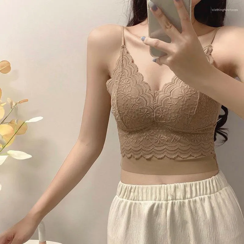 Camisoles & Tanks Summer Bra Lace Crop Tops Sports Spaghetti Strap Vest Top Women Sexy Built In Off Shoulder Sleeveless Camisole Underwear