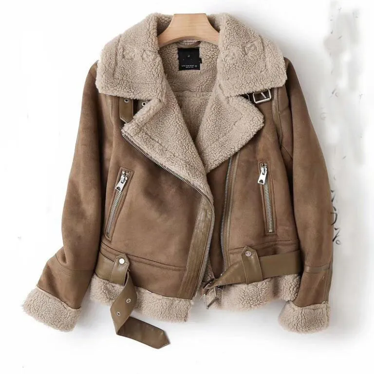 Winter Women's Leather Jacket Short Motorcycle Brown Coats Faux Shearling Sheepskin Jackets Outwear Winter Women Thick Warm Suede Lamb