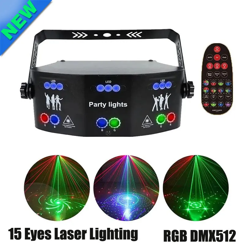 レーザー照明RGB DMX512ストロボステージライトサウンドアクティブ化15アイズDJライトバーパーティーバーパーティーの誕生日結婚式のホリデーショークリスマスプロジェクターの装飾