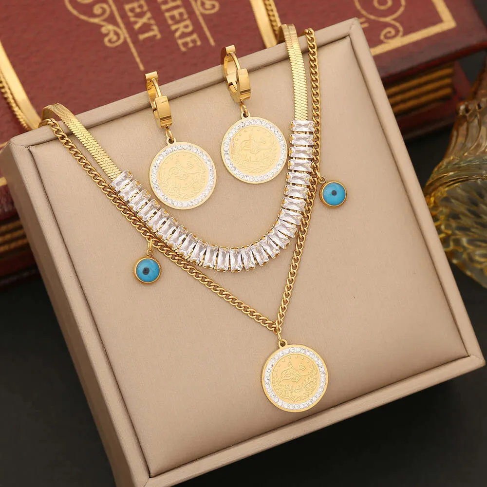 New Arrivals designer Jewelry Zircon Stainless Steel Double Layer Chain Drop Oil Eye Collar Chain Coin Necklace N1259 Celtic