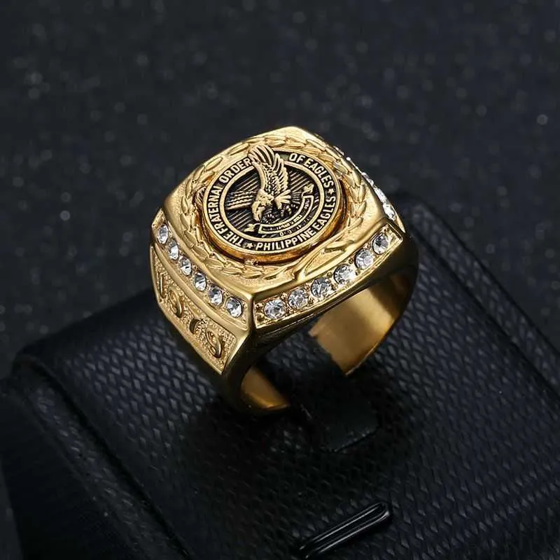 Hot Selling Stainless Steel Vacuum Gold-plated Diamond Set Philippine Eagle Domineering Men's Ring