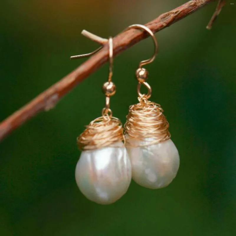 Dangle Earrings Natural 14-15mm White Baroque Pearl 14K Gold Wedding VALENTINE'S DAY Halloween Women Gift Freshwater FOOL'S