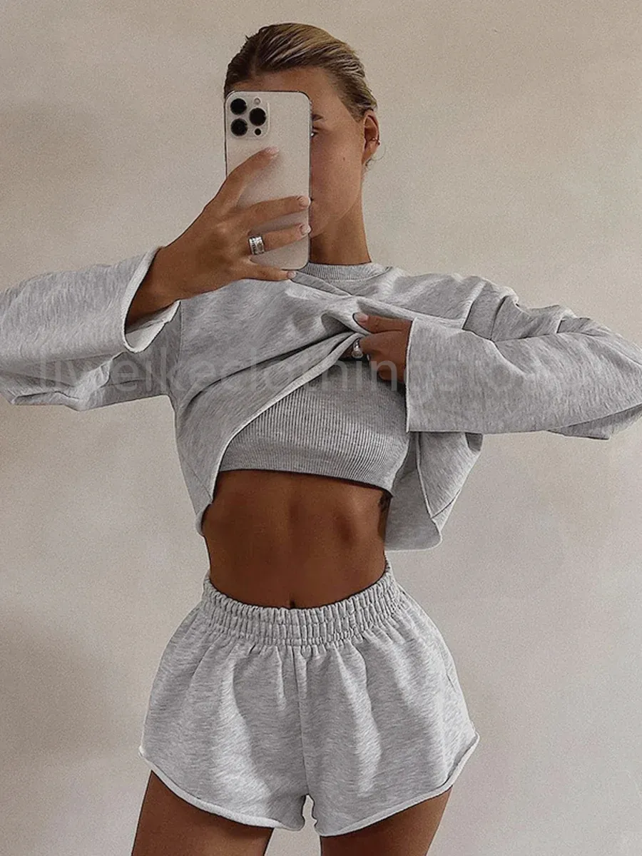 Fall Outfits 2023 Athleisure Long Sleeve Three Piece Shorts Set