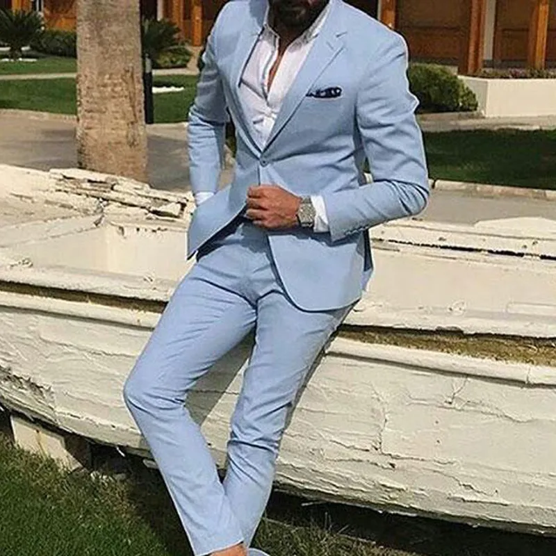 Męskie garnitury Blazers jasnoniebieski Slim Fit Mężczyźni na studia 2 -częściowa kurtka smokingowa ślubna z spodniami Męska moda Casual Groomsmen Costume 2309915