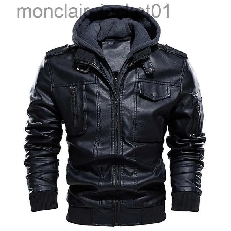 Parkas pour hommes Veste de moto Hommes Casual PU Vestes en cuir Homme Hiver Épais Chaud Vintage Col à capuche Club Bomber Manteaux en cuir chaqueta J230918