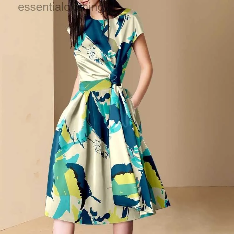 Vestidos casuais básicos 2021 verão runway francês manga curta feminino o pescoço magro multicolor floral impressão vintage elegante joelho comprimento vestidos casuais l230918