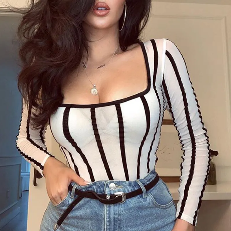Women's Jumpsuits Rompers High Street White Scoop Neck Mesh Sheer Striped Long Sleeve Rompers Women Body Fishnet Top Fashion See-through Jumpsuits Outfits 230918