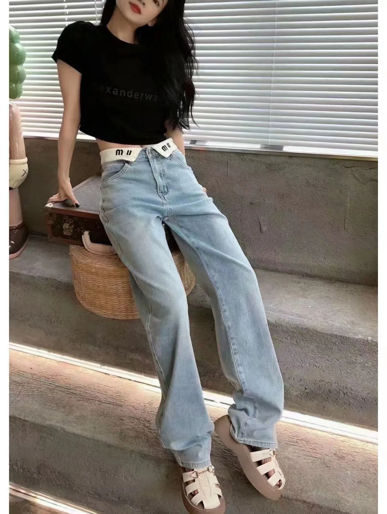 High Waisted White Lapel Letter Skinny Jeans for Women