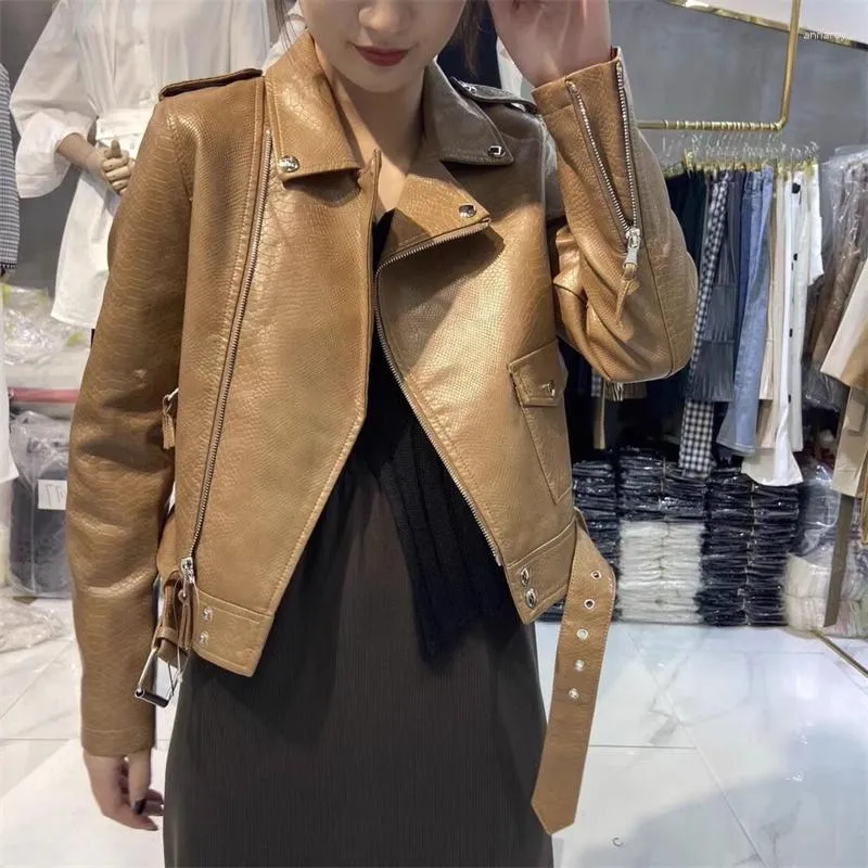 Women's Leather Spring Women Slim Short Faux PU Jacket Coat Black Beige Brown Korean Lapel Long Sleeve Female Biker Streetwear