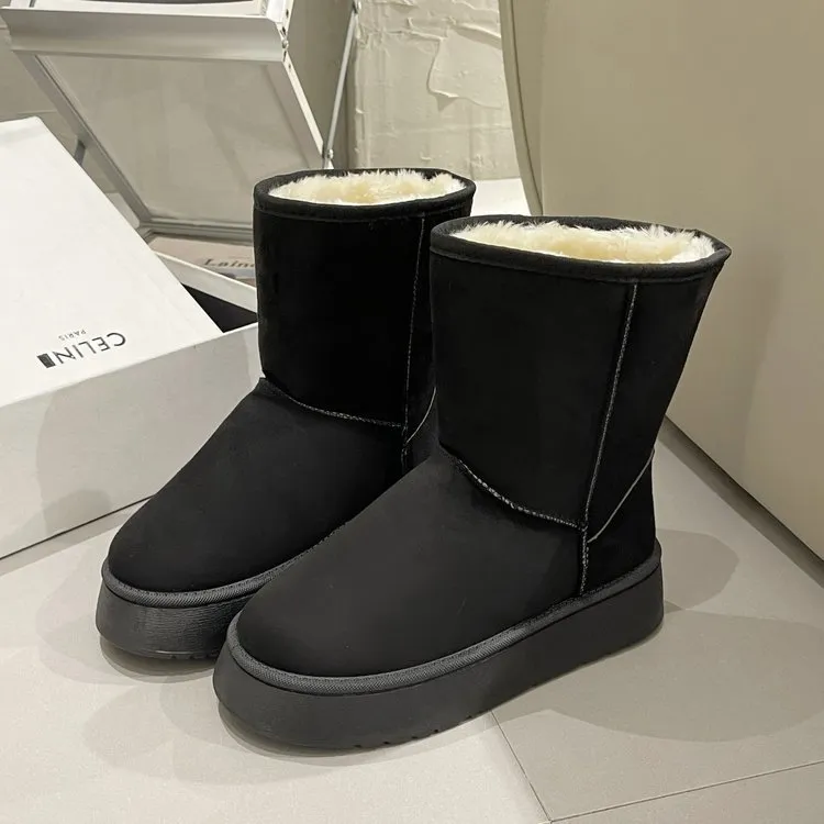 2024 Women Boots Black Grey Khaki Thick Soled middle round Warm Fluffy Snow Boot Designer Botties Cotton Shoes