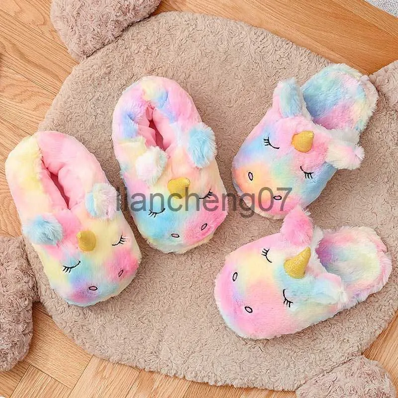 Slippers Women Indoor Warm Colored Cartoon Unicorn Slippers Girl's Home Lovely Plush Soft Shoes Ladies Funny Furry Comfortable Slides Hot x0916