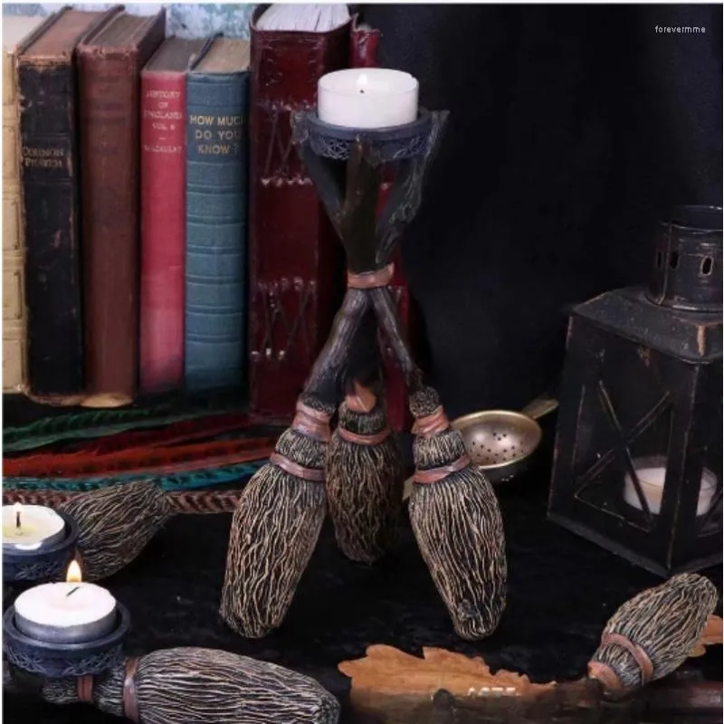 Triple Broomstick Witchcraft Tealight Raven Candle Holder For Home
