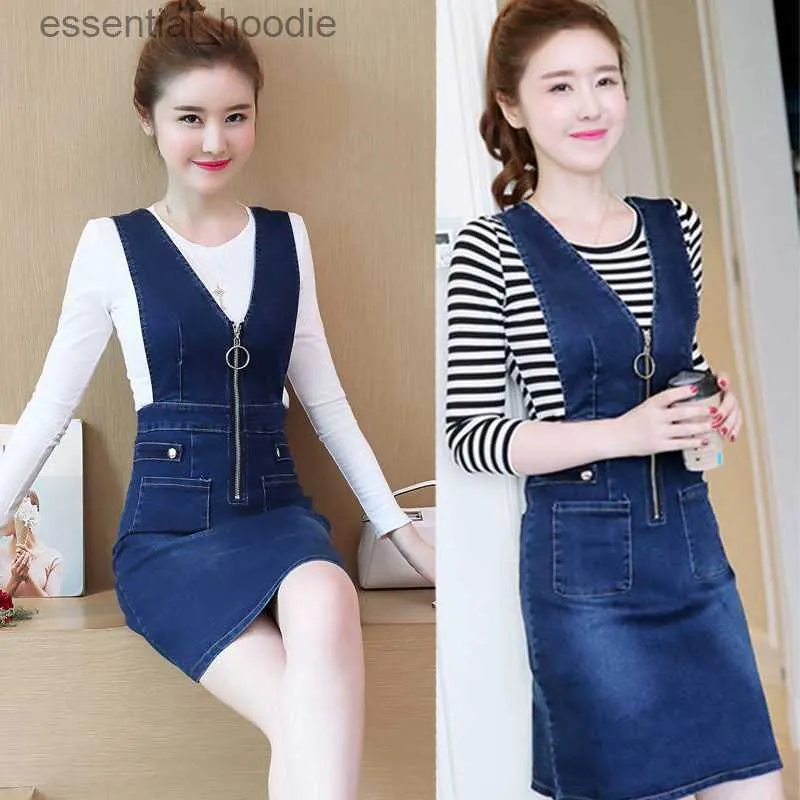 Combinaisons pour femmes Barboteuses Denim Jupe à bretelles Femmes Deux pièces Printemps 2022 Coréen Plus Taille Lâche Robe mi-longue Plus Slim Look Costume 2022 Grand 8.12 L230918