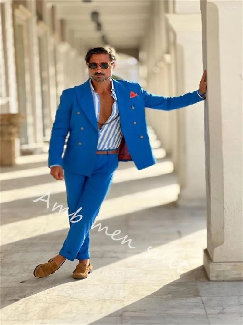 Ternos masculinos conjuntos de blazer azul terno de casamento para homens fino ajuste casaco calças mais recente design elegante vestidos custome tamanho 2 pçs negócios