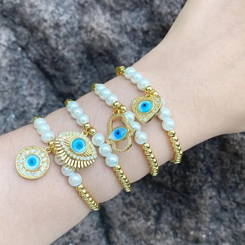 Charme pulseiras flola cobre banhado a ouro contas elásticas para mulheres cz cristal fatima azul olho sorte jóias brtj06