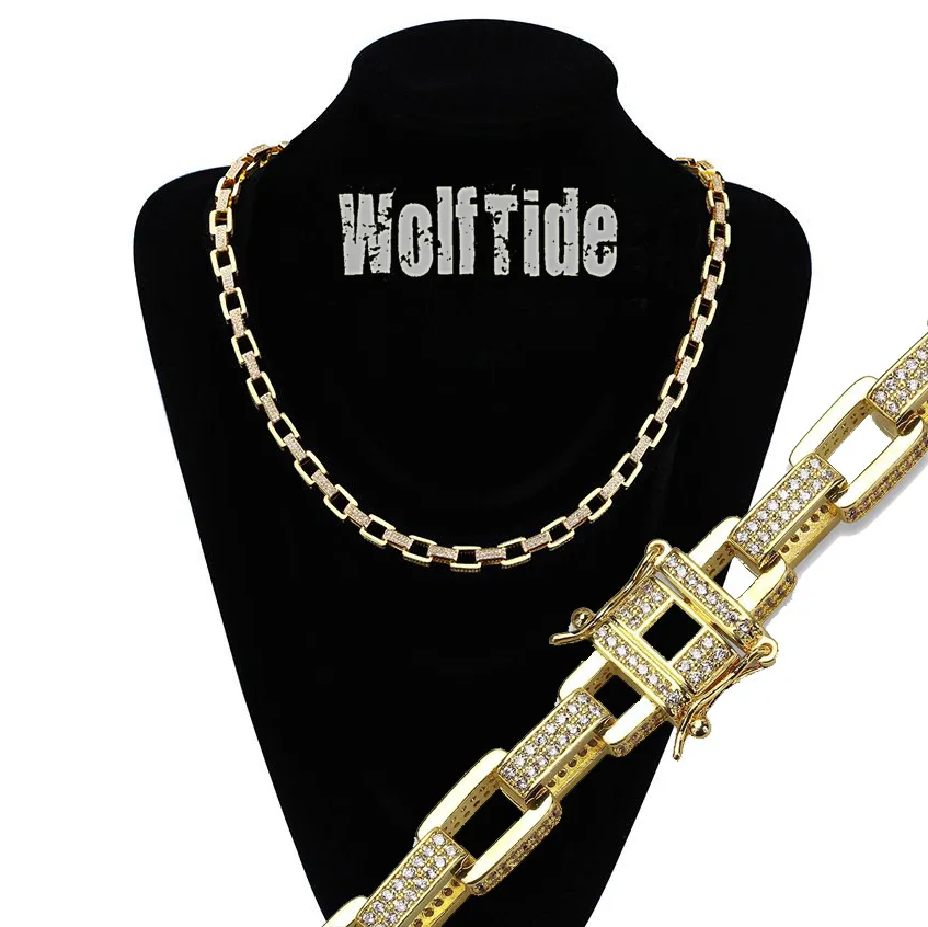 18K Solid Gold Mens Chain: 7mm CZ Diamond Silver Hip Hop Box Chain
