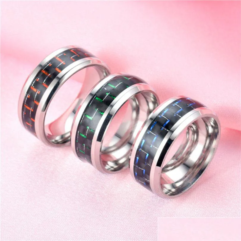 Band Rings Update Carbon Fiber Ring Black Stainless Steel Promise Engagement Mens Women Drop Delivery Jewelry Dhled