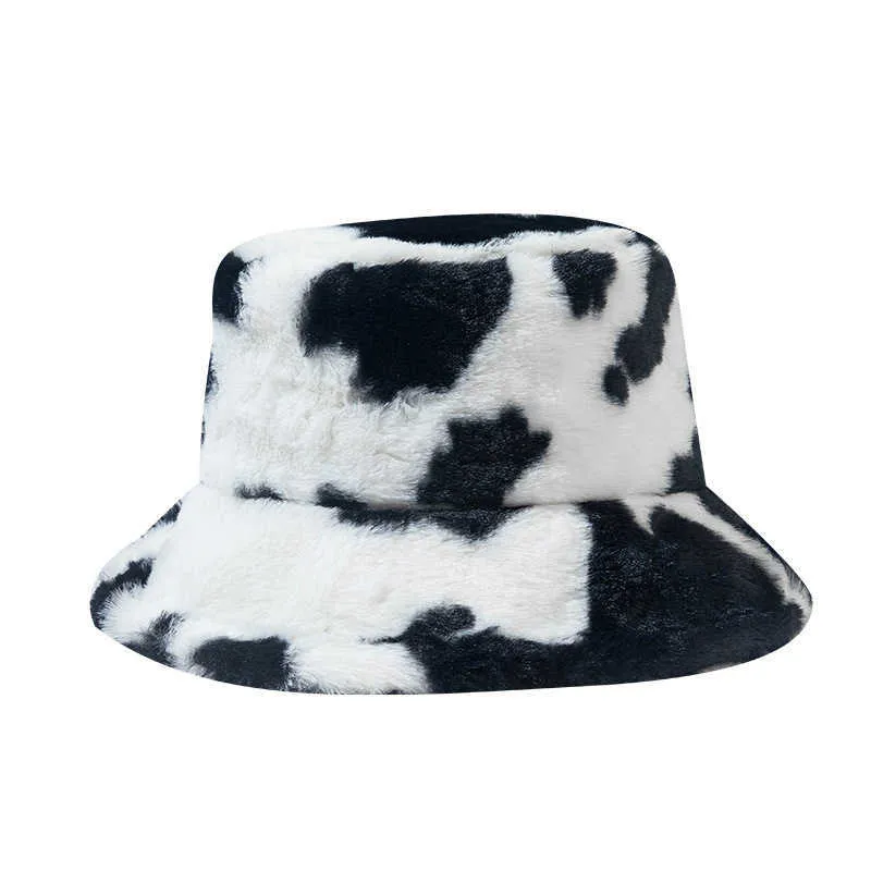 Chapeaux à bord avare femmes hiver épais chaud motif de vache polyester imitation fourrure de lapin tricot seau casquette voyage pêche pêcheur chapeau haut plat R98 230916