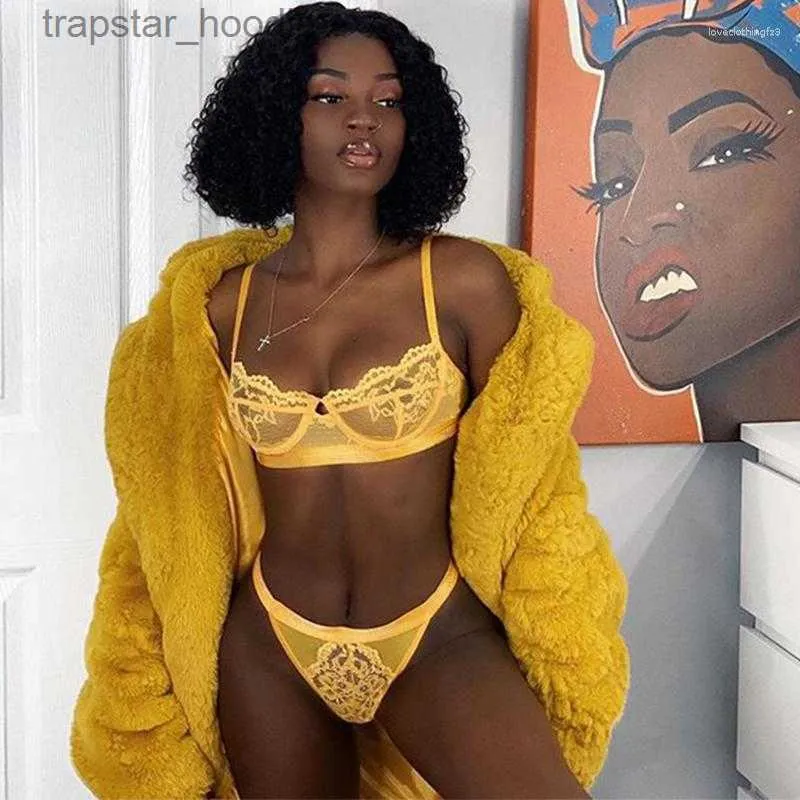 Bras Sets Bras Women's Underwear Sexy Bra For Women Yellow Bralette And  Panties Lingerie Set Lace See Through Wireless 2023 L230919