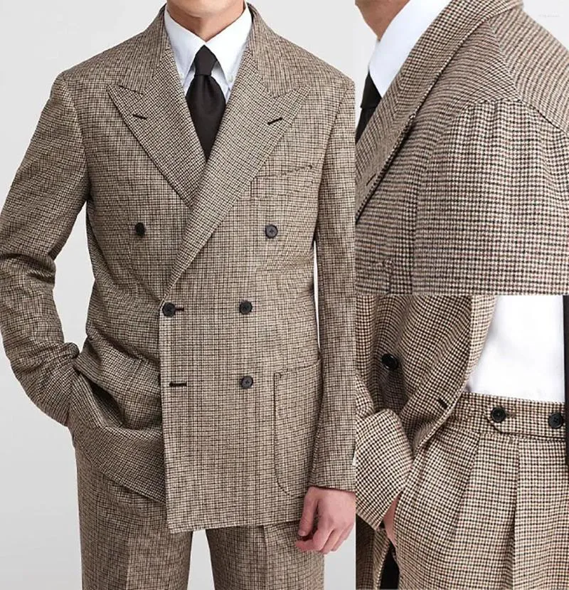 Men's Suits Brown Plaid Men Suit Tailor-Made 2 Pieces Blazer Pants Double Breasted High Fashion Formal BusinessCausal Party Tailored