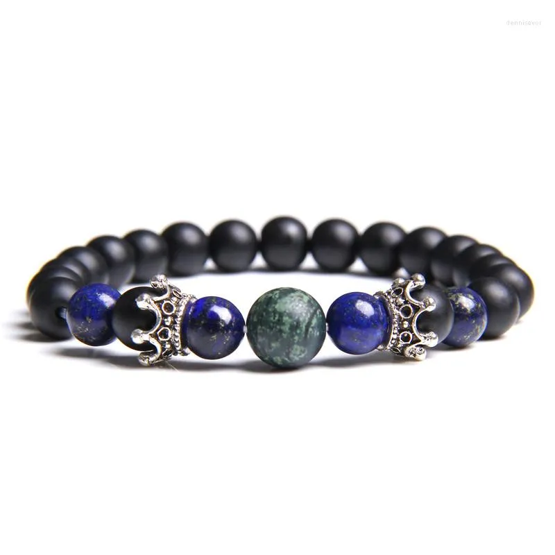 Strand Natural Trendy Blue Lapis Lazuli Beads Bracelet For Men Metal Crown Charm Jewelry Gifts Unisex Bracelets Handmade