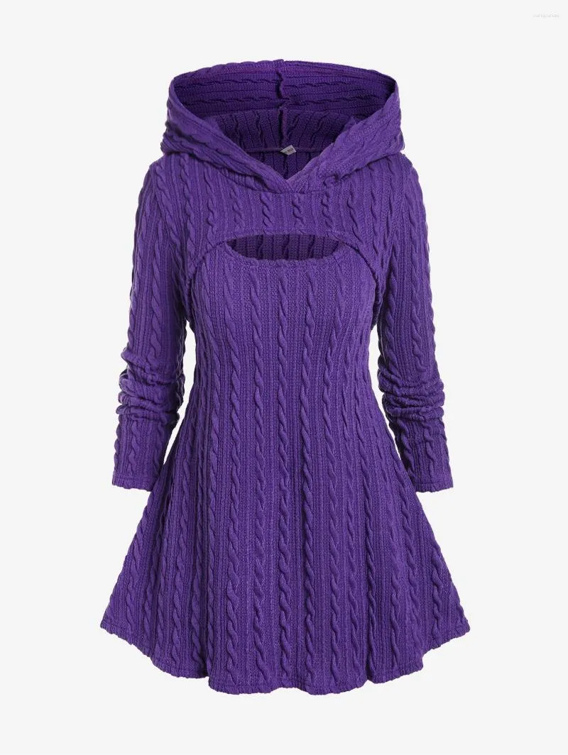 Suéteres femininos Rosegal Plus Size Pulôveres Twinset Roxo Com Capuz Shrup Top e Sem Mangas Cable Knit Jumper Sweater Duas Peças
