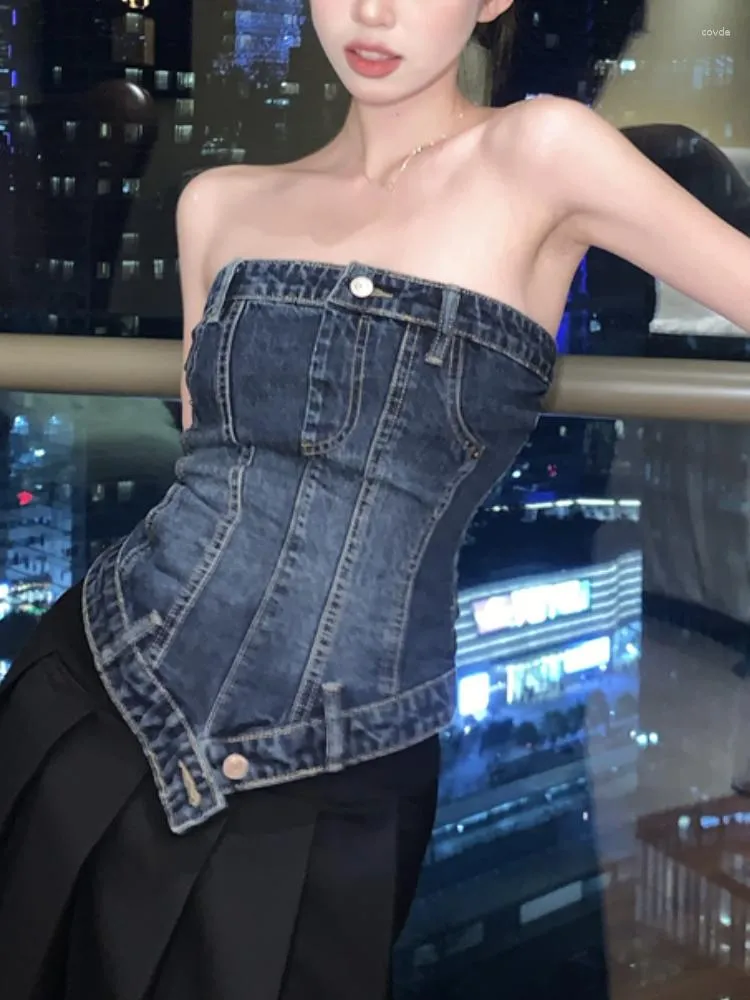 Tanks Femmes Été Sweet Vintage Débardeurs Femmes Dos Nu Moulante Mode Coréenne Denim Gilet Femme Bouton Sexy Designer Party Corset 2023