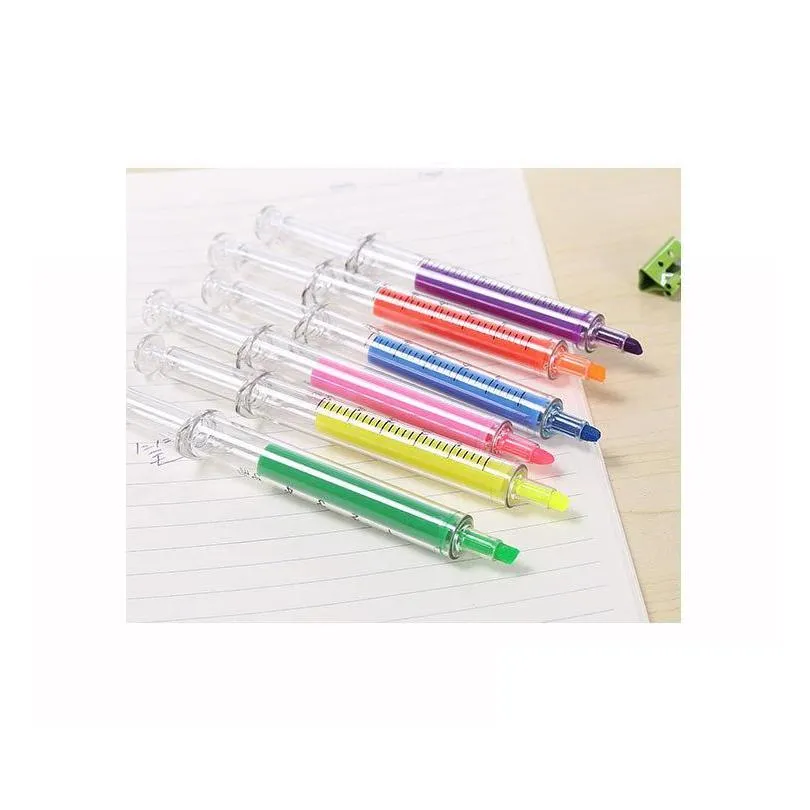 Highlighters Wholesale 350Pcs 6 Colors Novelty Nurse Needle Syringe Shaped Highlighter Markers Marker Pen Pens Stationery School Sup Dh7Xq