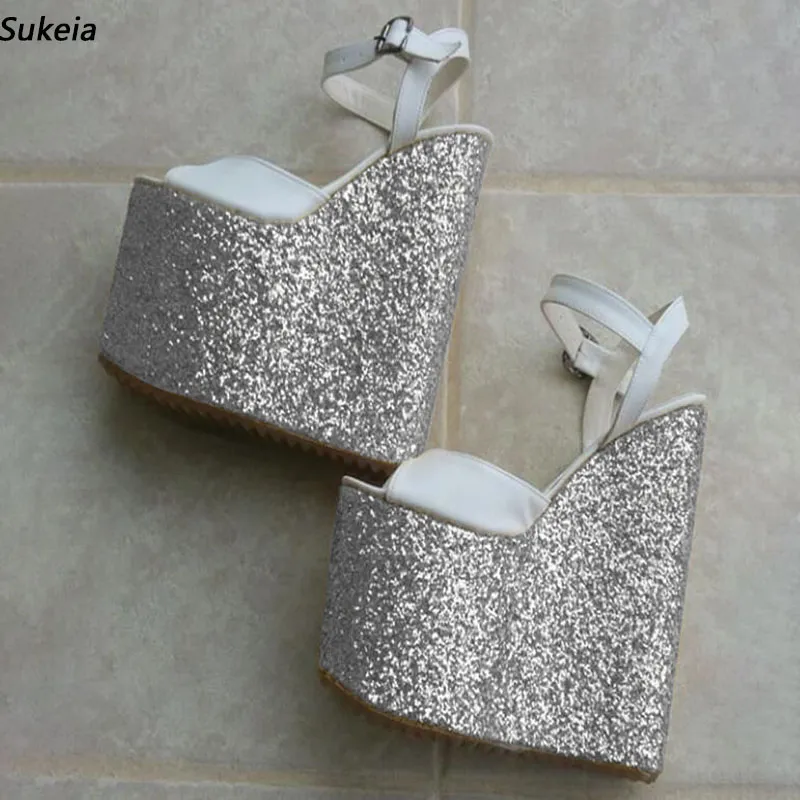 Sukeia femmes plate-forme Mules sandales compensées talons Ultra hauts bout ouvert magnifique or argent Club chaussures dames US grande taille 5-15