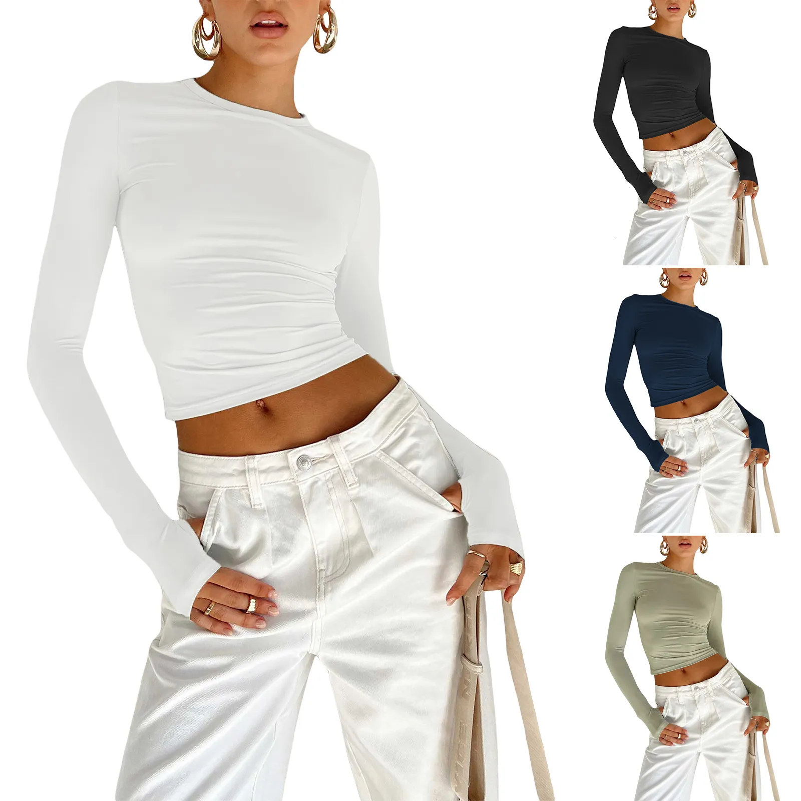 Dames T-shirt Dames T-shirt Lange mouw Ronde hals Effen Slim Fit Dames Crop Top met Duimgaten voor Dagelijks Straat 230919