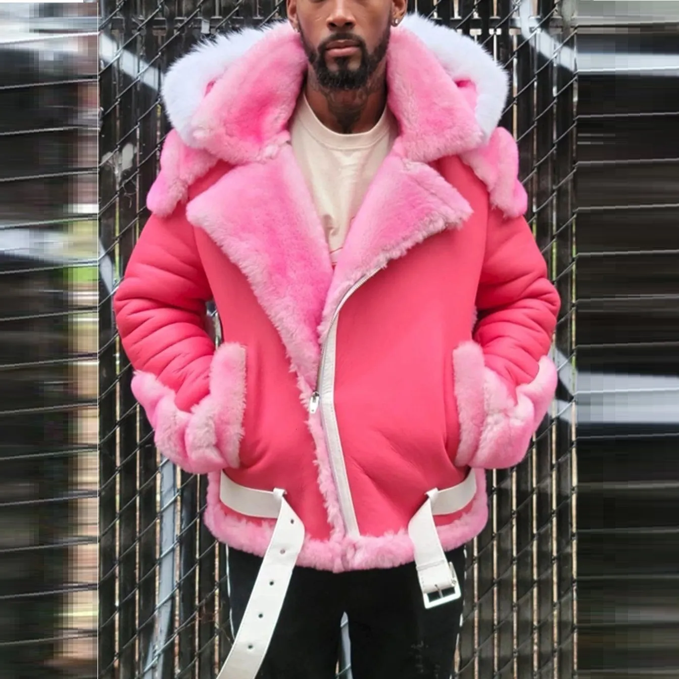 Plus size pink cheap faux fur coat