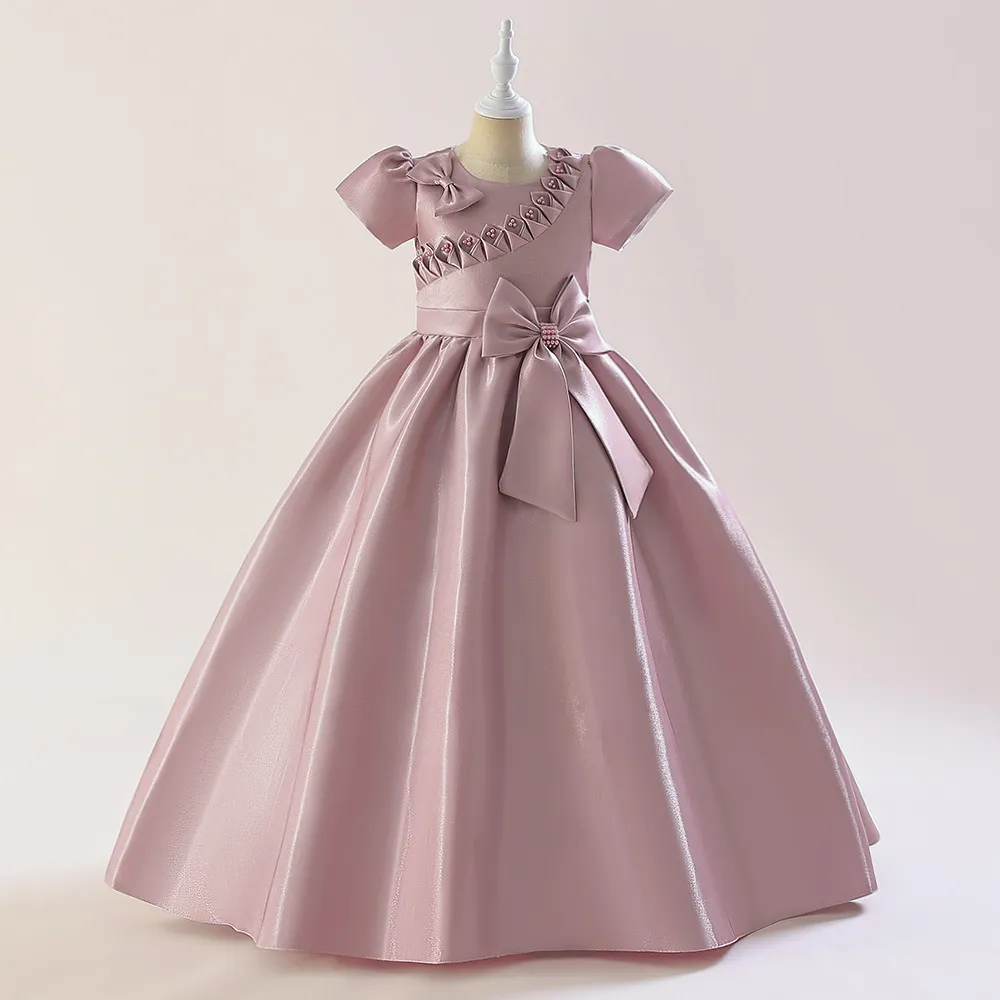 2023 Satin Flower Girl Dress for Weddings New Pearls Satin Vestidos de Comunion Pageant Dress First Commonion Gowns Party Dress Princess Little Kids Birthday Gowns