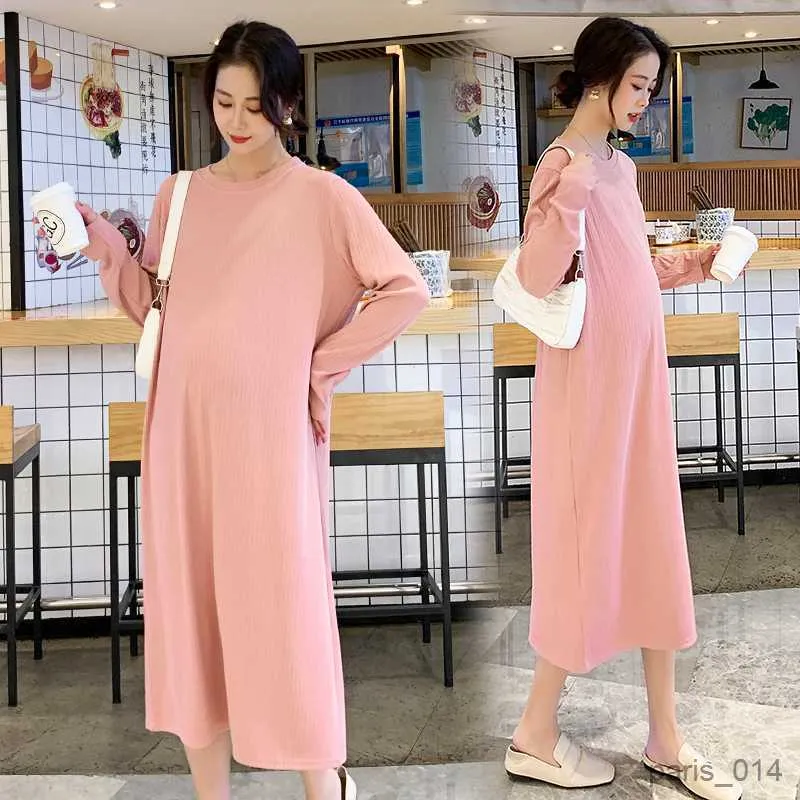 Maternity Dresses Style Pregnant Women Dress Autumn Winter Solid Color Long Sleeve Mid Calf Maternity Straight Dress Sweater R230919