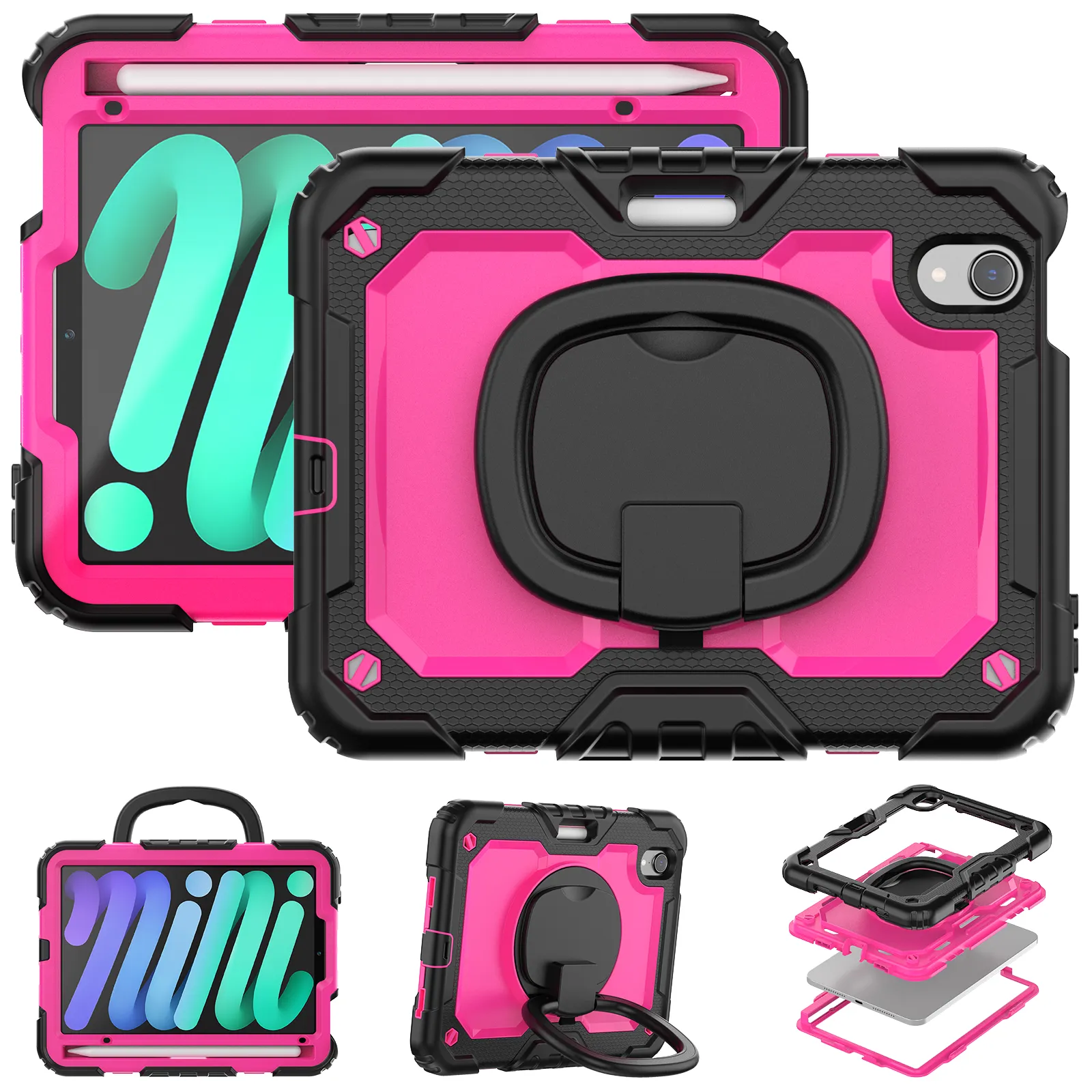 Heavy Duty Shockproof Case For iPad Mini 6 5 4 Gen 7.9 8.3 inch Kids Tablet Case 360 Rotating Folding Handle Grip Kickstand Cover +PET Screen Protector Shoulder Strap