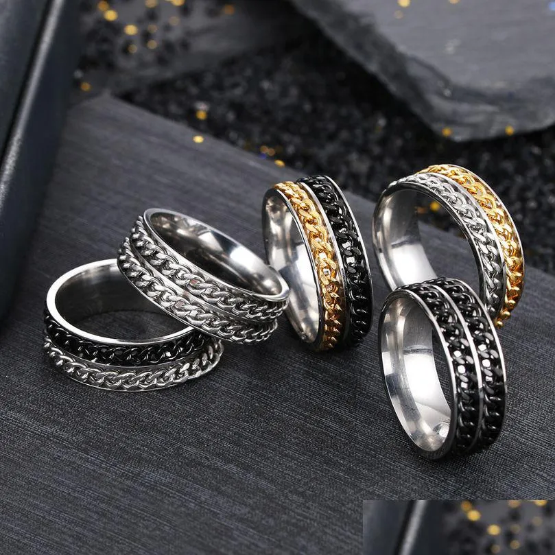 Bandringar uppdatera lycklig dubbel roterbar kedjor ring rostfritt stål snurr för män kvinnor hip hop smycken droppleverans dhtam