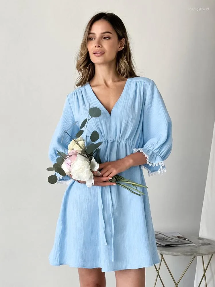 Women's Sleepwear Hiloc Petal Sleeve Night Dress Women Nightgown 2023 V-Neck Sexy Above Knee Cotton Woman Dresses Autumn