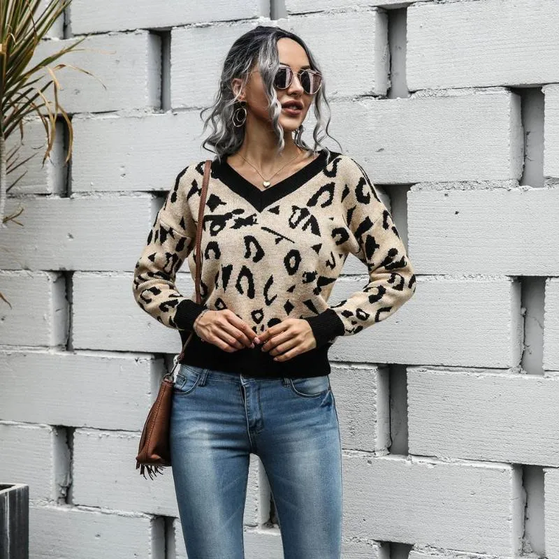 Kvinnors tröjor Leopardtryck stickad tröja för kvinnor långärmad sexig v-ringad casual pullover topp jumper vintage lös höst 2023